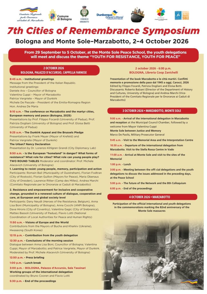 Program of the 7th Cities of Remembrance Symposium, Bologna and Monte Sole-Marzabotto, October 2 to 4, 2026